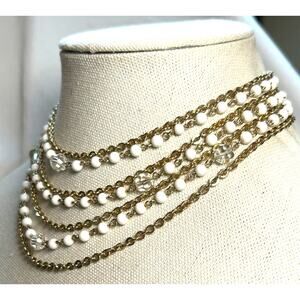 Vintage Lisner Multistrand Necklace Gold Tone White Clear Lucite Beads 1950s-60s